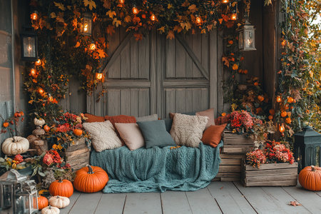 Autumn bedroom, living room interior. Red and yellow leaves and flowers in the vase and pumpkin on light background.の素材