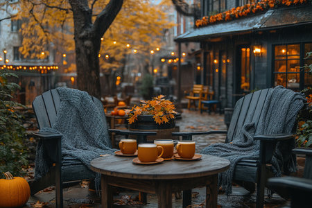 Autumn bedroom, living room interior. Red and yellow leaves and flowers in the vase and pumpkin on light background.の素材