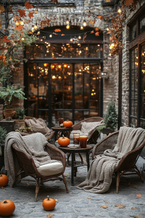 Autumn bedroom, living room interior. Red and yellow leaves and flowers in the vase and pumpkin on light background.の素材