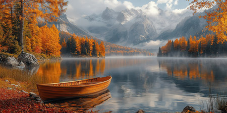 Fantastic views of the morning lake glowing by sunlight. Dramatic and picturesque scene. Location: resort Grundlsee, Liezen District of Styria, Austria, Alps. Europe. Beauty world.の素材