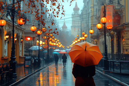 people with umbrellas walking on the rain in old town. Vintage edited picture.の素材