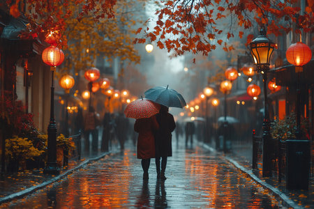 people with umbrellas walking on the rain in old town. Vintage edited picture.の素材