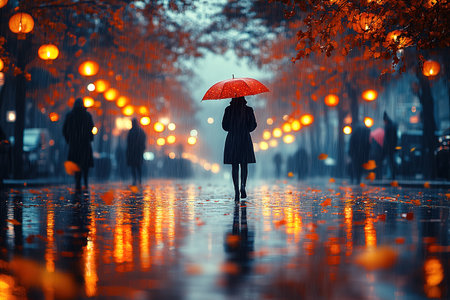 people with umbrellas walking on the rain in old town. Vintage edited picture.の素材