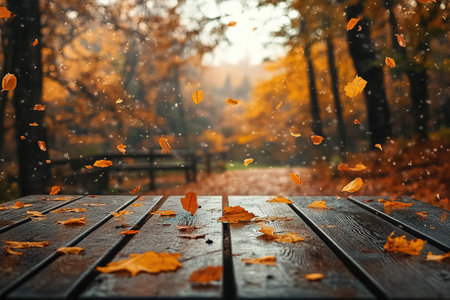 Autumn maple leaves on wooden table.Falling leaves natural background.Sunny autumn day with beautiful orange fall foliage in the park.の素材
