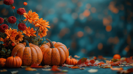 Thanksgiving or autumn scene with pumpkins, autumn leaves and berries on wooden table. Autumn background with copy space. Banner.の素材