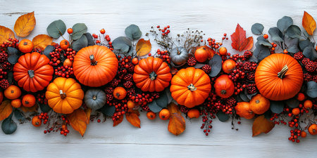 Thanksgiving or autumn scene with pumpkins, autumn leaves and berries on wooden table. Autumn background with copy space. Banner.の素材