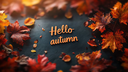 Hello Autumn white chalk lettering on blackboard. Autumn seasonal flat lay photo on wooden background. Hello Autumn inscription with orange leaf frame. Fall season banner template. Yellow leaf texture.の素材