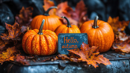Hello Autumn white chalk lettering on blackboard. Autumn seasonal flat lay photo on wooden background. Hello Autumn inscription with orange leaf frame. Fall season banner template. Yellow leaf texture.の素材