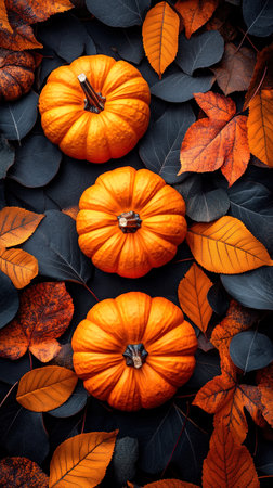 Autumn Thanksgiving day background. Halloween Pumpkins, patch. Beauty Holiday autumn festival concept. Fall scene. Orange pumpkin over beauty bright autumnal nature background. Harvest.の素材