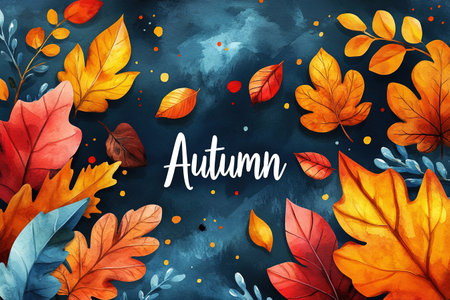 Hello autumn watercolor banner. greeting card with Pumpkins, inscriptions, leaves, acorn and mountain ash on white background. autumn border frame.の素材