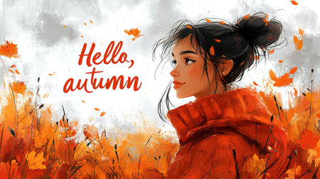 Hello autumn watercolor banner. greeting card with Pumpkins, inscriptions, leaves, acorn and mountain ash on white background. autumn border frame.の素材