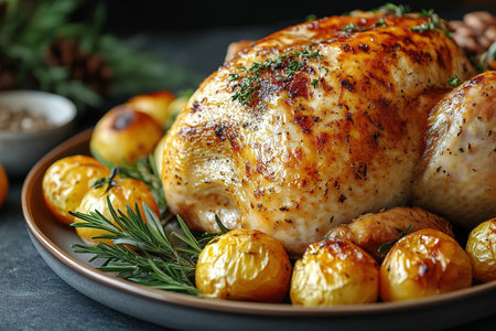 Thanksgiving day dinner with holiday autumn decor and candles. Family dining room table set with delicious golden roasted turkey on platter garnished rosemary fresh small pumpkins.の素材