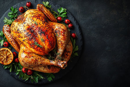 Roasted Turkey: Succulent turkey roasted to perfection with crispy skin, often served with gravy and stuffing, a holiday favorite. Top view with copy space.の素材