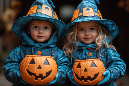 Kids trick or treat in Halloween costume. Happy Halloween. three running kids with a basket for sweets.の素材