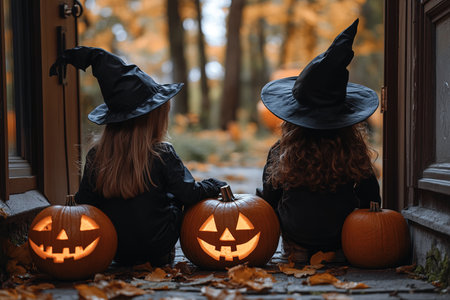 Kids trick or treat in Halloween costume. Happy Halloween. three running kids with a basket for sweets.の素材