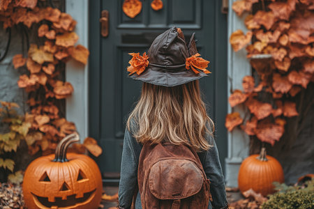 Kids trick or treat in Halloween costume. Happy Halloween. three running kids with a basket for sweets.の素材