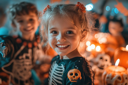 Kids trick or treat in Halloween costume. Happy Halloween. three running kids with a basket for sweets.の素材