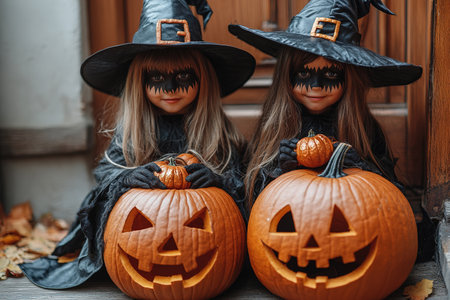 Kids trick or treat in Halloween costume. Happy Halloween. three running kids with a basket for sweets.の素材
