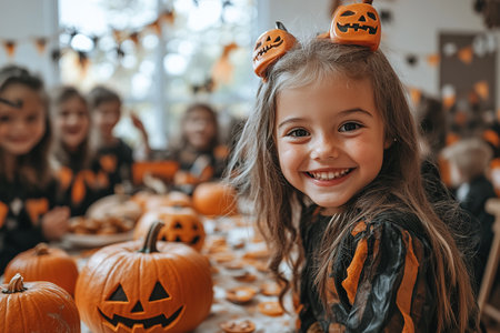 Kids trick or treat in Halloween costume. Happy Halloween. three running kids with a basket for sweets.の素材