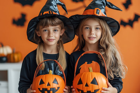 Kids trick or treat in Halloween costume. Happy Halloween. three running kids with a basket for sweets.の素材