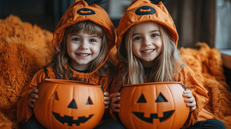 Kids trick or treat in Halloween costume. Happy Halloween. three running kids with a basket for sweets.の素材