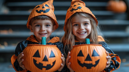 Kids trick or treat in Halloween costume. Happy Halloween. three running kids with a basket for sweets.の素材
