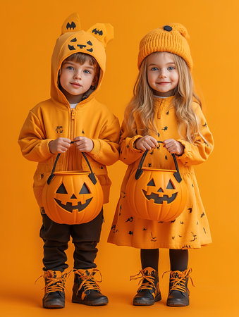 Kids trick or treat in Halloween costume. Happy Halloween. three running kids with a basket for sweets.の素材