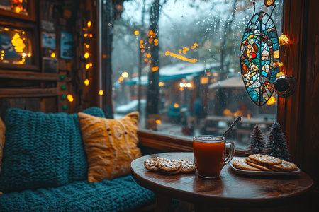 Rainy street cafe in old european town. Autumn rainy day. Cutlery and dishes are left on the cafe table in the rain.の素材