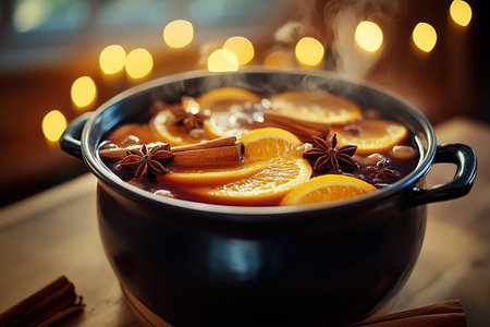Cook mulled wine with fruits and spices in a large saucepan.の素材