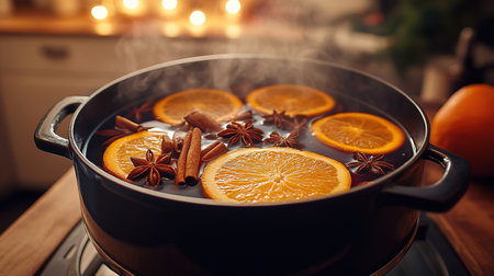 Cook mulled wine with fruits and spices in a large saucepan.の素材