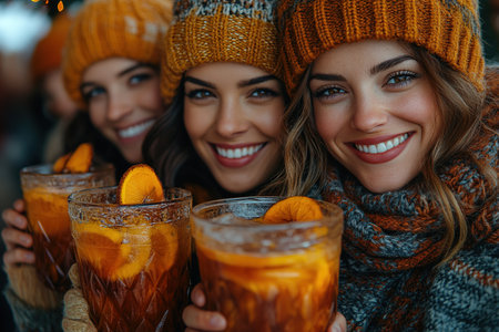 Friends drinking delicious mulled wine at party. Shot of a group of cheerful young friends having fun and hot enjoying drink on the Christmas market at an evening party. Close up.の素材