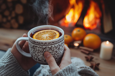 A cup with mulled wine against the background of a fireplace and fire in the hands of a girl in a white sweater.の素材