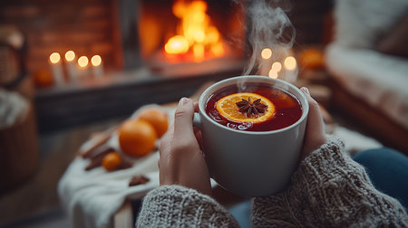 A cup with mulled wine against the background of a fireplace and fire in the hands of a girl in a white sweater.の素材