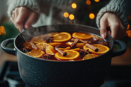 Cook mulled wine with fruits and spices in a large saucepan.の素材