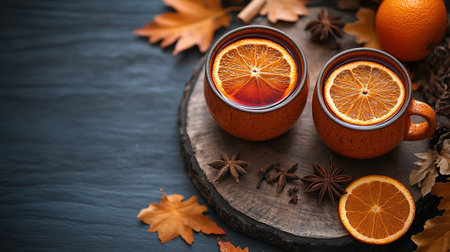 Two glasses of cherry mulled wine, gluhwein or glogg with cherry juice, orange, cinnamon, star anise and cloves. Winter time. Holiday concept, yellow lights of the New Year's eve garland on background.の素材