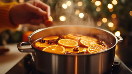 Cook mulled wine with fruits and spices in a large saucepan.の素材