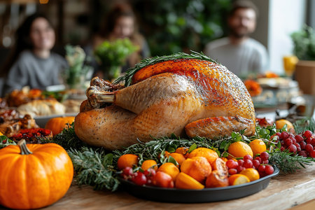 Happy family having dinner at festive table on Thanksgiving Day, top view.の素材