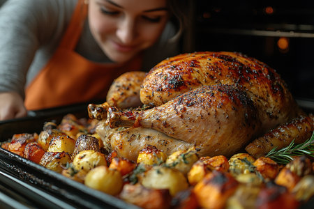 Woman turkey taking out of oven on a kitchen background. Roasted, traditional turkey cooking. Christmas turkey. A woman takes a festive chicken or turkey out of the oven on Thanksgiving day.の素材