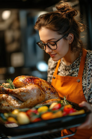 Woman turkey taking out of oven on a kitchen background. Roasted, traditional turkey cooking. Christmas turkey. A woman takes a festive chicken or turkey out of the oven on Thanksgiving day.の素材