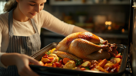 Woman turkey taking out of oven on a kitchen background. Roasted, traditional turkey cooking. Christmas turkey. A woman takes a festive chicken or turkey out of the oven on Thanksgiving day.の素材