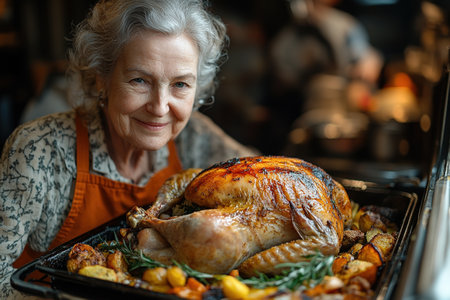 Laughing Grandmother presenting a cooked turkey on Thanksgiving. an elderly woman takes a festive chicken or turkey out of the oven.の素材