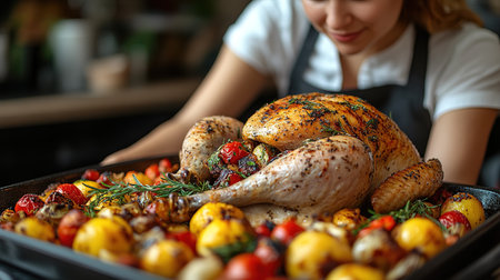 Woman turkey taking out of oven on a kitchen background. Roasted, traditional turkey cooking. Christmas turkey. A woman takes a festive chicken or turkey out of the oven on Thanksgiving day.の素材