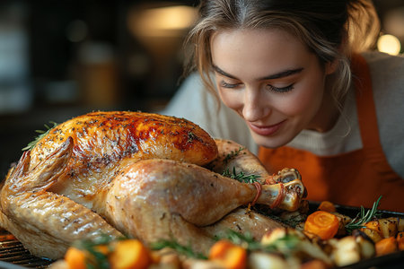 Woman turkey taking out of oven on a kitchen background. Roasted, traditional turkey cooking. Christmas turkey. A woman takes a festive chicken or turkey out of the oven on Thanksgiving day.の素材