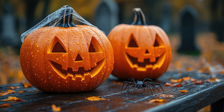 Carved Halloween pumpkins with spiders and cobwebs. Jack-o-lantern burning candles and autumn leaves on table at cemetery.の素材