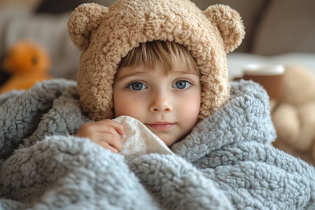 kid with flu or covid illness sleep in bed under blanket with concerned mother on bedside. Child cure at home and parent health care concept.の素材