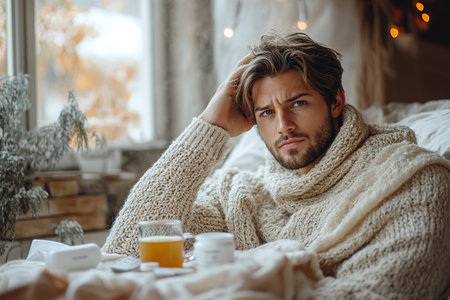 A young man suffers from a cold at home with tea and lemon wrapped in warm clothes or a blanket. He is holding his head and has a high fever.の素材