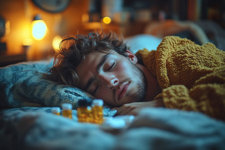 young man take medicine. self-medication. guy is being treated at home with pills. Headache. insomnia, sleep problems.の素材
