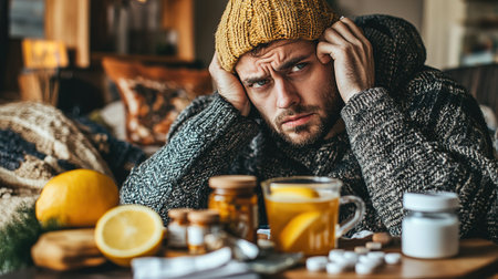 A young man suffers from a cold at home with tea and lemon wrapped in warm clothes or a blanket. He is holding his head and has a high fever.の素材