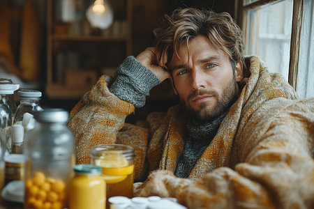 A young man suffers from a cold at home with tea and lemon wrapped in warm clothes or a blanket. He is holding his head and has a high fever.の素材