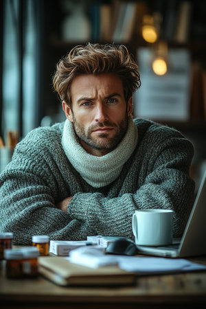 Unhealthy male employee sit at desk working on laptop blow nose suffering from rhinitis. Unwell sick young Caucasian man sneeze snuffle struggle with seasonal flu or cold. Health problems concept.の素材